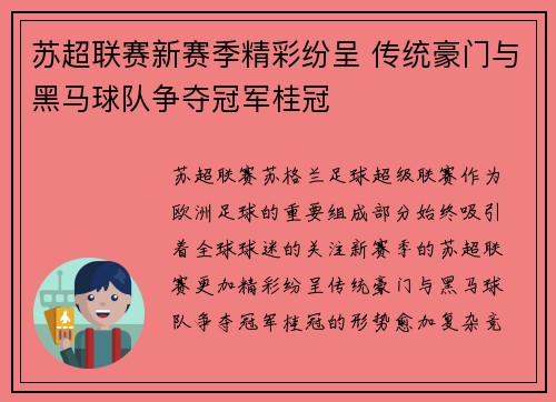 苏超联赛新赛季精彩纷呈 传统豪门与黑马球队争夺冠军桂冠