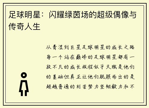 足球明星：闪耀绿茵场的超级偶像与传奇人生